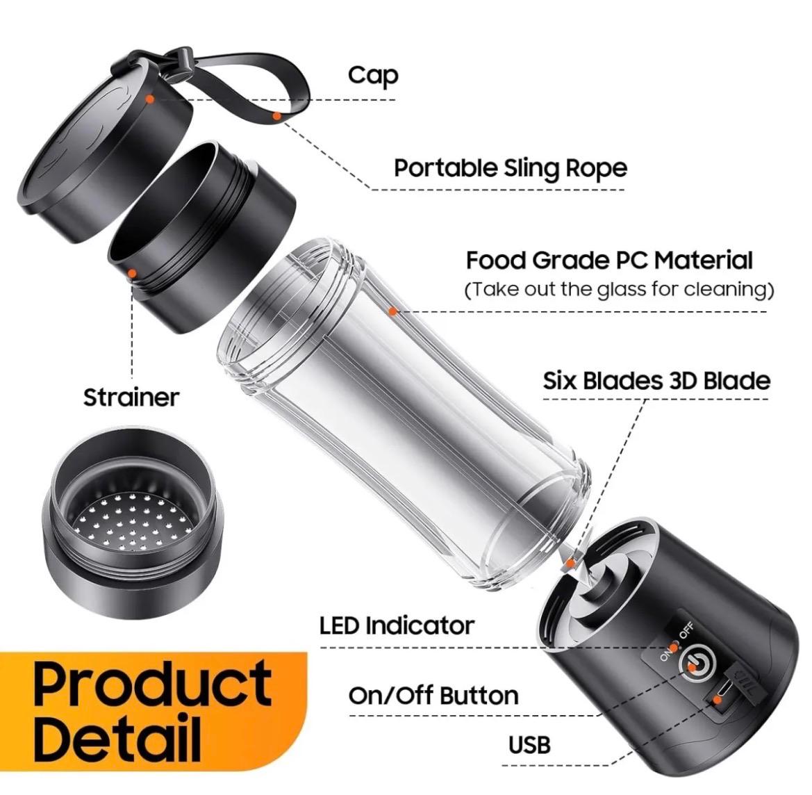 Portable USB Rechargeable Juicer Blender – 6-Blade Mini Personal Blender, 380ml Fruit Smoothie Maker