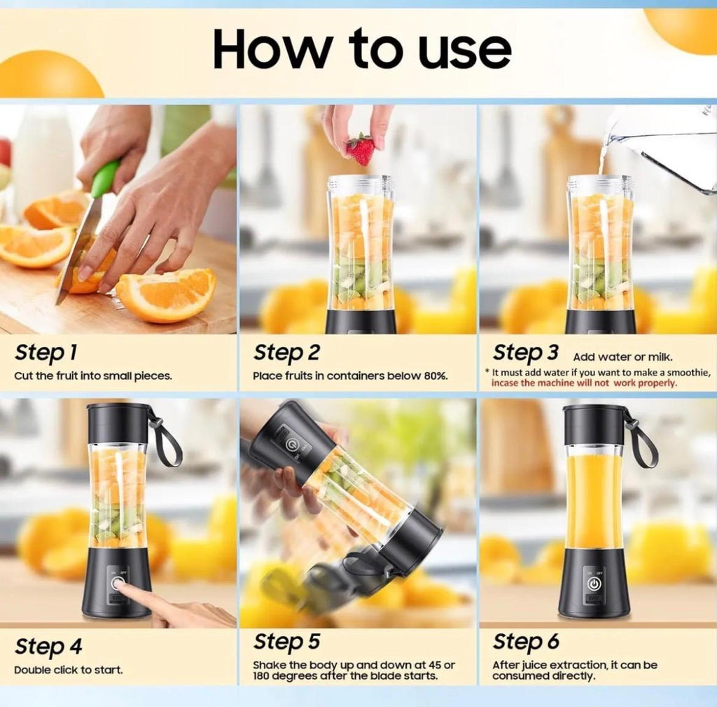 Portable USB Rechargeable Juicer Blender – 6-Blade Mini Personal Blender, 380ml Fruit Smoothie Maker