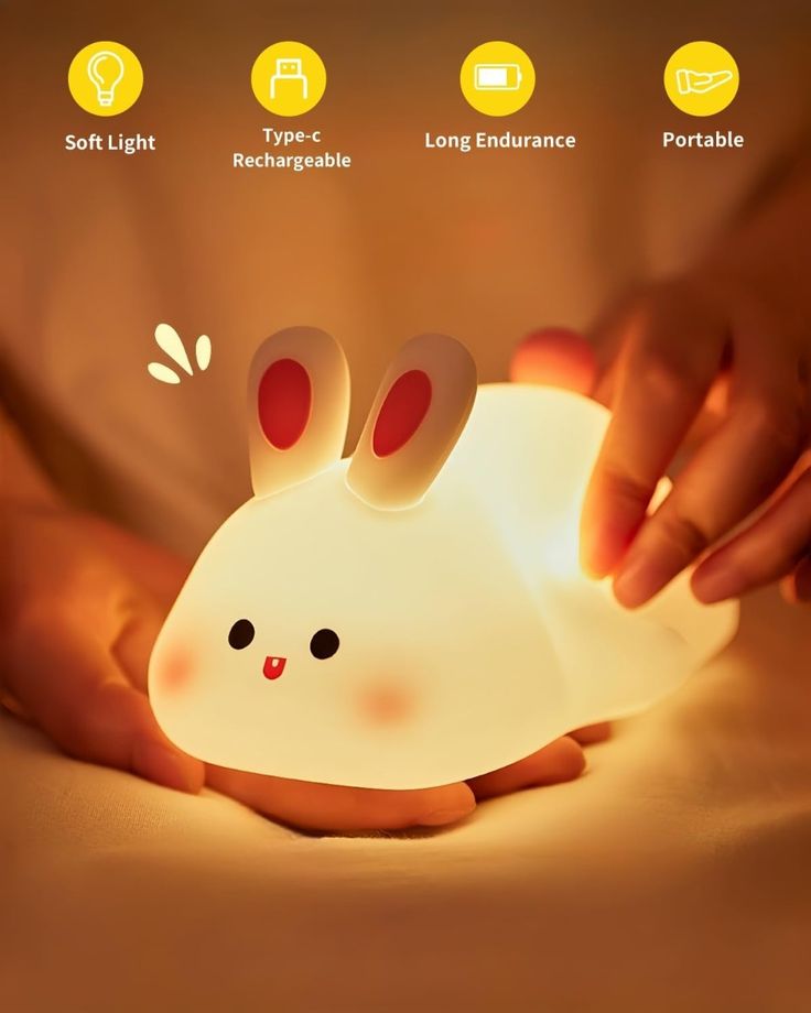 Cute Bunny Night Light – Rechargeable LED Rabbit Lamp | Soft Warm Glow Bedside Lamp for Kids & Bedroom