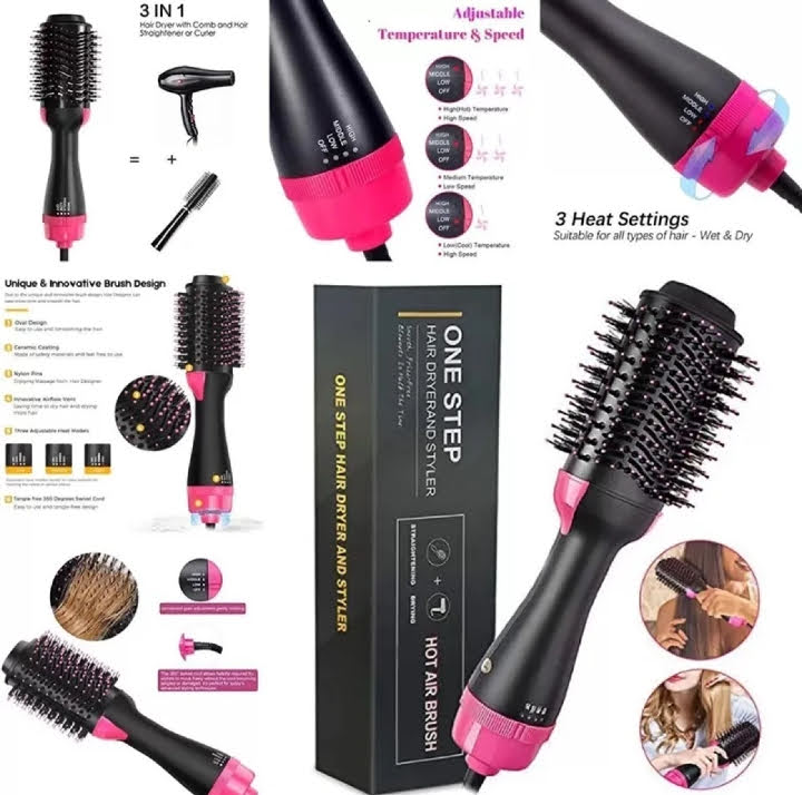 3-in-1 Hair Dryer, Straightener & Curler – Multi-Function Hot Air Brush Hair Styler