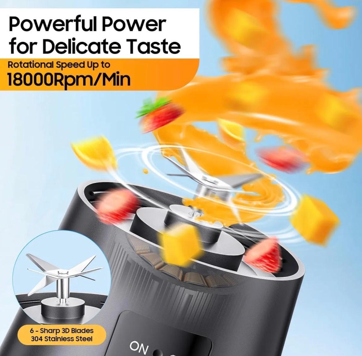 Portable USB Rechargeable Juicer Blender – 6-Blade Mini Personal Blender, 380ml Fruit Smoothie Maker
